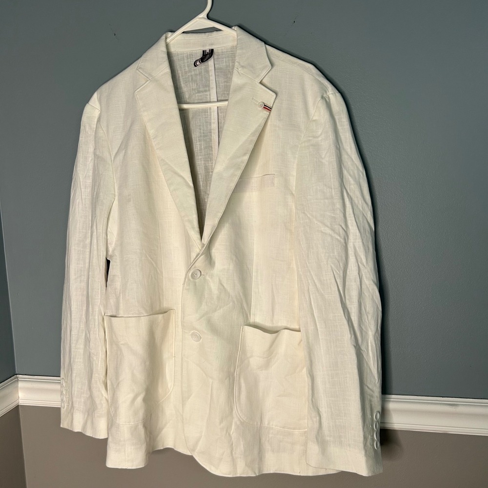 PJ Paul Jones Mens White Linen Cotton Blazer Sport Coat Size L Two Button Patch